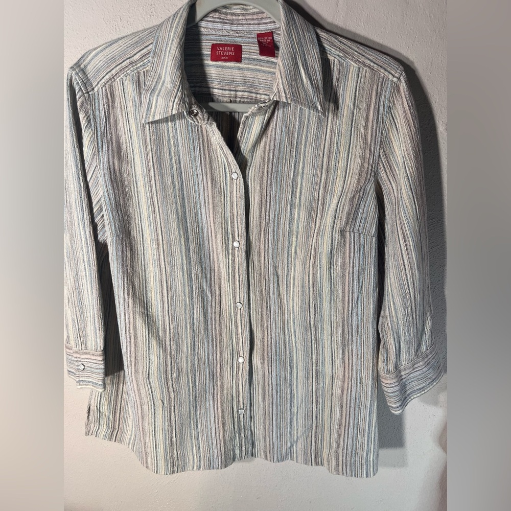 All Cotton snap Front and Sleeves  Thin Lines cream brown blue Valerie Steven’s
